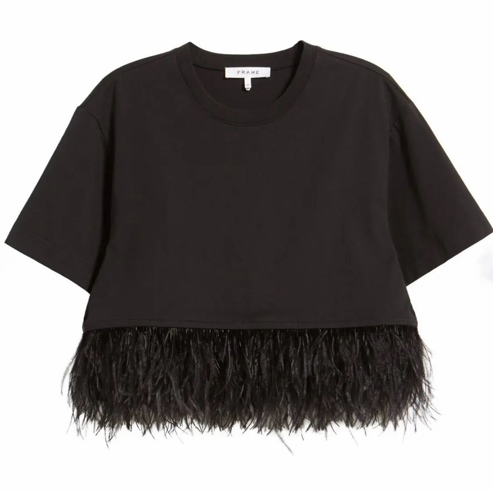 FRAME Ostrich Feather Trim Crop T-Shirt Size XS